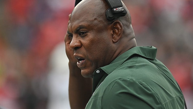 Oct 1, 2022; College Park, Maryland, USA; Michigan State Spartans head coach Mel Tucker reacts during the first half against the Maryland Terrapins  at Capital One Field at Maryland Stadium. Mandatory Credit: Tommy Gilligan-USA TODAY Sports