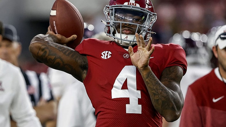 Oct 8, 2022; Tuscaloosa, Alabama, USA;  Alabama Crimson Tide quarterback Jalen Milroe (4) warms up before a game against the Texas A&M Aggies at Bryant-Denny Stadium. Mandatory Credit: Butch Dill-USA TODAY Sports
