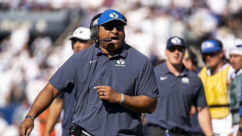 Oct 15, 2022; Provo, Utah, USA; Brigham Young University Cougars coach Kalani Sitake yells towards the referees during the first half as the Cougars face the Arkansas Razorbacks at LaVell Edwards Stadium. Mandatory Credit: Gabriel Mayberry-USA TODAY Sports