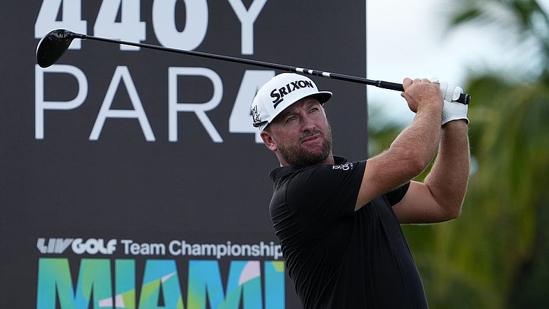 Oct 29, 2022; Miami, Florida, USA; Graeme McDowell tees off on the 3rd hole during the second round of the season finale of the LIV Golf series at Trump National Doral. Mandatory Credit: Jasen Vinlove-USA TODAY Sports