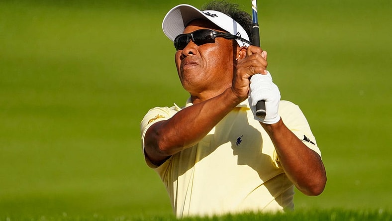 Nov 11, 2022; Phoenix, AZ, USA; Thongchai Jaidee plays his second shot on the 12th hole during round two of the Charles Schwab Cup at Phoenix Country Club.  at Phoenix Country Club. Mandatory Credit: Rob Schumacher-USA TODAY Sports