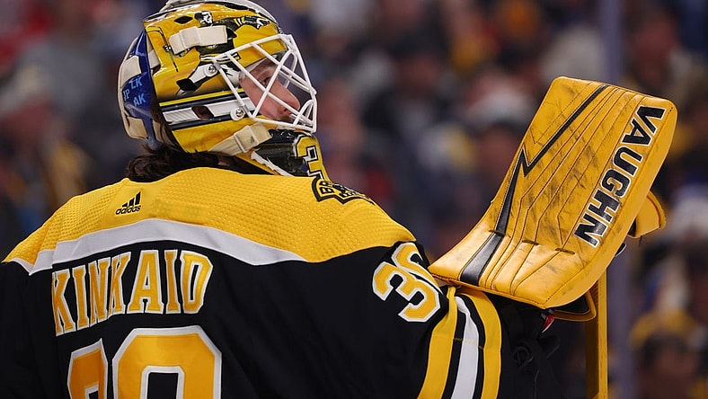 Nov 12, 2022; Buffalo, New York, USA;  Boston Bruins goaltender Keith Kinkaid (30) during a stoppage in play against the Buffalo Sabres during the second period at KeyBank Center. Mandatory Credit: Timothy T. Ludwig-USA TODAY Sports