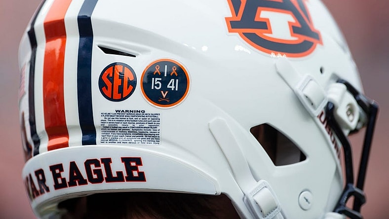 A decal on Auburn helmets honoring the University of Virginia players killed earlier this week that were killed as Auburn Tigers take on Western Kentucky Hilltoppers at Jordan-Hare Stadium in Auburn, Ala., on Saturday, Nov. 19, 2022.