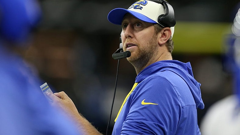 Nov 20, 2022; New Orleans, Louisiana, USA; Los Angeles Rams offensive coordinator Liam Coen in the second quarter against the New Orleans Saints at the Caesars Superdome. Mandatory Credit: Chuck Cook-USA TODAY Sports