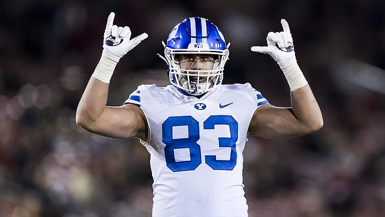 Nov 26, 2022; Stanford, California, USA;  Brigham Young Cougars tight end Isaac Rex (83) reacts after a Cougars touchdown against the Stanford Cardinal during the first half at Stanford Stadium. Mandatory Credit: John Hefti-USA TODAY Sports
