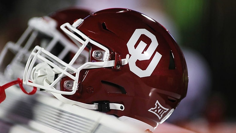 Nov 26, 2022; Lubbock, Texas, USA;  A general view of an Oklahoma Sooners helmet on the bench during the game between against the Texas Tech Red Raiders at Jones AT&T Stadium and Cody Campbell Field. Mandatory Credit: Michael C. Johnson-USA TODAY Sports