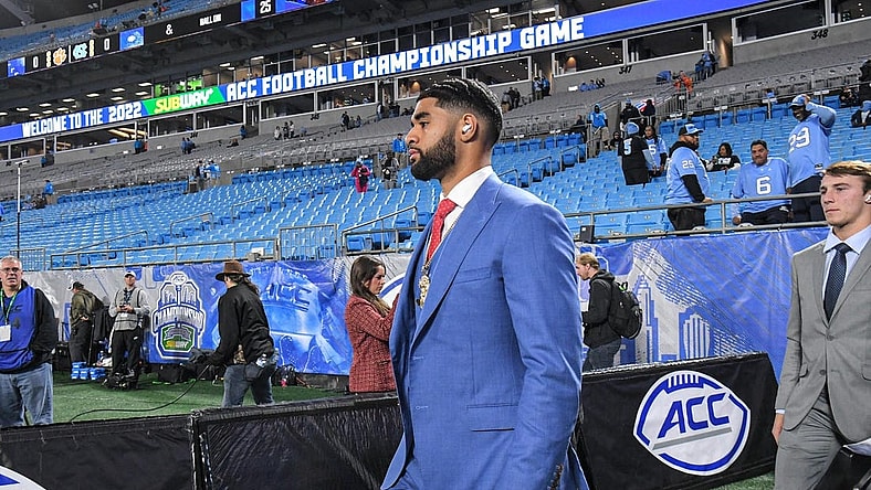 Clemson quarterback DJ Uiagalelei walks on the field before the ACC Championship football game with North Carolina at Bank of America Stadium in Charlotte, North Carolina Saturday, Dec 3, 2022.

Clemson Tigers Football Vs North Carolina Tar Heels Acc Championship Charlotte Nc