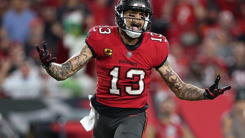 Dec 5, 2022; Tampa, Florida, USA;  Tampa Bay Buccaneers wide receiver Mike Evans (13) reacts after a flag against the New Orleans Saints in the fourth quarter at Raymond James Stadium. Mandatory Credit: Nathan Ray Seebeck-USA TODAY Sports
