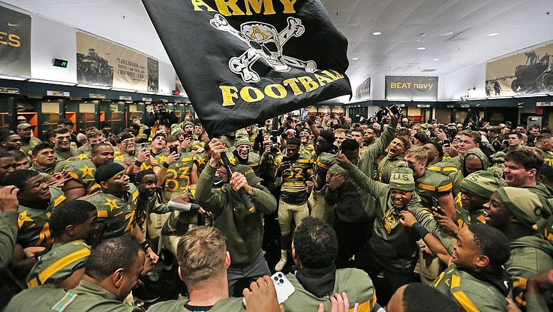 Dec 10, 2022; Philadelphia, Pennsylvania, USA; Army Black Knights head coach Jeff Monken celebrates after a 20-17 win against the Navy Midshipmen in double overtime of the 123rd Army-Navy game at Lincoln Financial Field. Mandatory Credit: Danny Wild-USA Today Sports