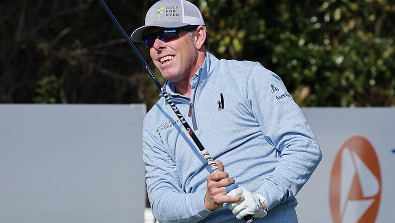 Dec 16, 2022; Orlando, Florida, USA; Justin Leonard hits his tee shot on the first tee during a pro-am round of the PNC Championship golf tournament at Ritz Carlton Golf Club Grande Lakes Orlando Course. Mandatory Credit: Reinhold Matay-USA TODAY Sports