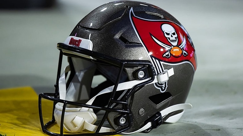 Dec 25, 2022; Glendale, Arizona, USA; Detailed view of a Tampa Bay Buccaneers helmet at State Farm Stadium. Mandatory Credit: Mark J. Rebilas-USA TODAY Sports
