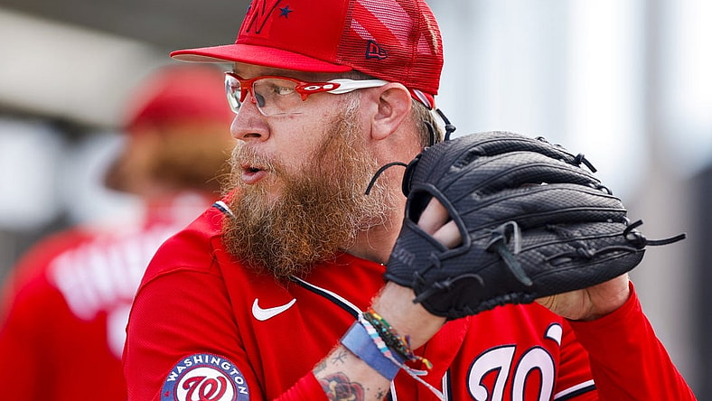 Feb 16, 2023; West Palm Beach, FL, USA; Washington Nationals starting pitcher Sean Doolittle (63) delivers a pitch during a spring training workout at The Ballpark of the Palm Beaches. Mandatory Credit: Sam Navarro-USA TODAY Sports