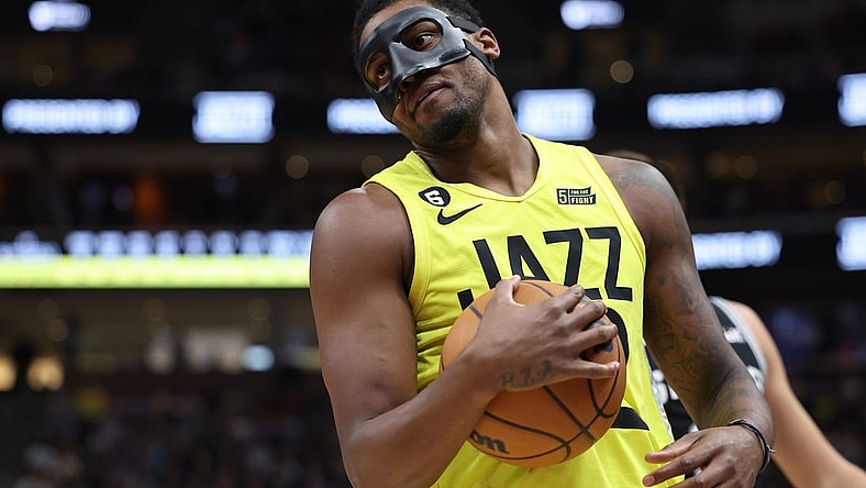 Feb 28, 2023; Salt Lake City, Utah, USA; Utah Jazz forward Rudy Gay (22) reacts to a play against the San Antonio Spurs in the second half at Vivint Arena. Mandatory Credit: Rob Gray-USA TODAY Sports