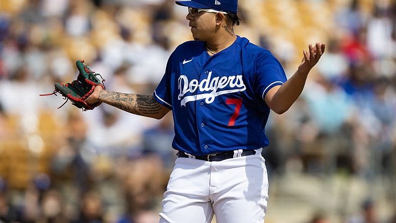 Mar 5, 2023; Phoenix, Arizona, USA; Los Angeles Dodgers pitcher Julio Urias reacts against the Chicago White Sox during a spring training game at Camelback Ranch-Glendale. Mandatory Credit: Mark J. Rebilas-USA TODAY Sports
