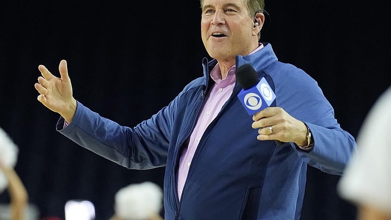 Mar 31, 2023; Houston, TX, USA; CBS broadcaster Jim Nantz reacts during a practice session the day before the Final Four of the 2023 NCAA Tournament at NRG Stadium. Mandatory Credit: Robert Deutsch-USA TODAY Sports