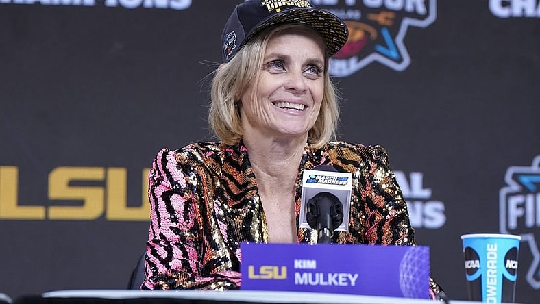 Apr 2, 2023; Dallas, TX, USA; LSU Lady Tigers head coach Kim Mulkey speaks to members of the media after defeating the Iowa Hawkeyes in the final round of the Women's Final Four NCAA tournament at the American Airlines Center. Mandatory Credit: Kirby Lee-USA TODAY Sports
