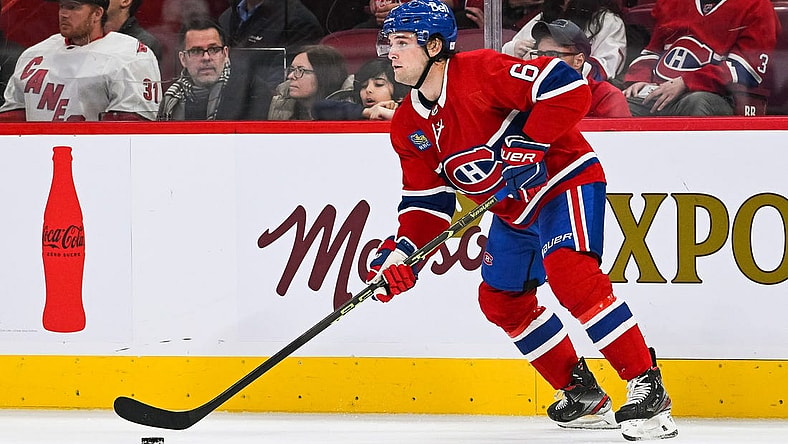 Apr 1, 2023; Montreal, Quebec, CAN; Montreal Canadiens defenseman Chris Wideman (6) plays the puck against the Carolina Hurricanes during the second period at Bell Centre. Mandatory Credit: David Kirouac-USA TODAY Sports
