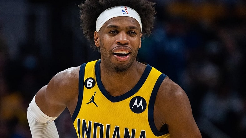 Apr 7, 2023; Indianapolis, Indiana, USA; Indiana Pacers guard Buddy Hield (24)  in the second half against Detroit Pistons at Gainbridge Fieldhouse. Mandatory Credit: Trevor Ruszkowski-USA TODAY Sports