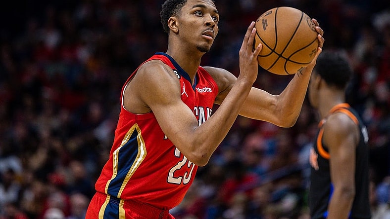 Apr 7, 2023; New Orleans, Louisiana, USA;  New Orleans Pelicans guard Trey Murphy III (25) shoots a free throw against the New York Knicks during the second half at Smoothie King Center. Mandatory Credit: Stephen Lew-USA TODAY Sports