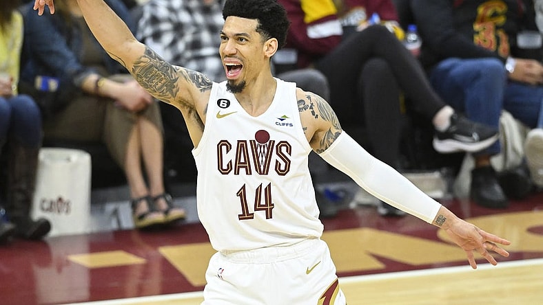 Apr 9, 2023; Cleveland, Ohio, USA; Cleveland Cavaliers forward Danny Green (14) reacts after missing a three-point basket in the fourth quarter against the Charlotte Hornets at Rocket Mortgage FieldHouse. Mandatory Credit: David Richard-USA TODAY Sports
