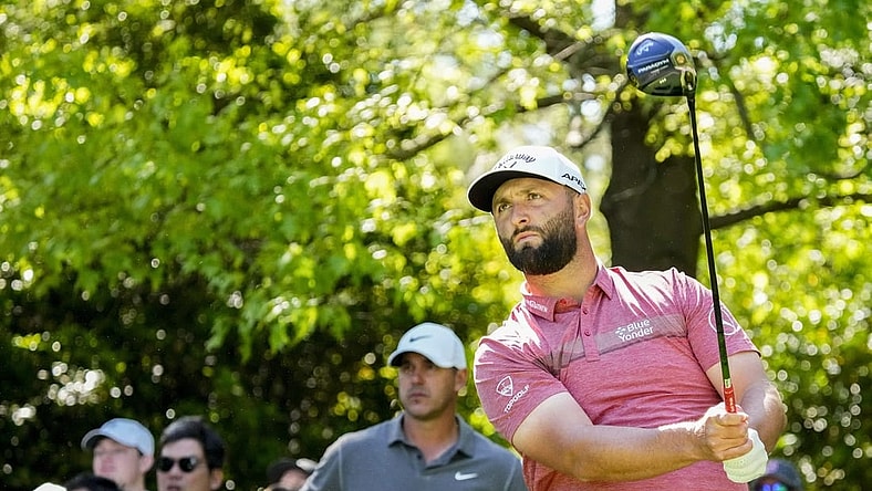 Apr 9, 2023; Augusta, Georgia, USA; Brooks Koepka watches as Jon Rahm tees off on the seventh hole during the final round of The Masters golf tournament. Mandatory Credit: Rob Schumacher-USA TODAY Network

Pga Masters Tournament Final Round