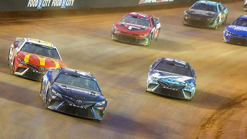 Apr 9, 2023; Bristol, Tennessee, USA; NASCAR Cup Series driver Tyler Reddick (45) leads a pack of cars at the Bristol Motor Speedway Dirt Course. Mandatory Credit: Randy Sartin-USA TODAY Sports