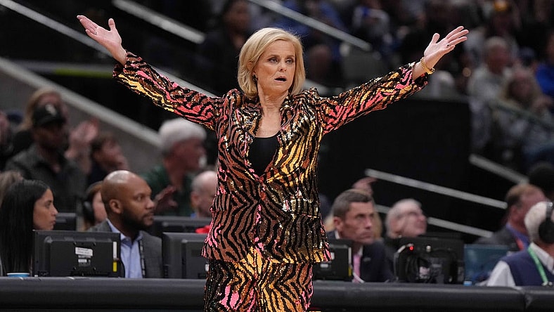 Apr 2, 2023; Dallas, TX, USA; LSU Lady Tigers head coach Kim Mulkey reacts against the Iowa Hawkeyes during the NCAA Womens Basketball Final Four National Championship at American Airlines Center. Mandatory Credit: Kirby Lee-USA TODAY Sports