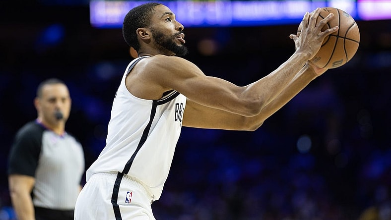 Apr 17, 2023; Philadelphia, Pennsylvania, USA; Brooklyn Nets forward Mikal Bridges (1) shoots the ball against the Philadelphia 76ers during the second quarter in game two of the 2023 NBA playoffs at Wells Fargo Center. Mandatory Credit: Bill Streicher-USA TODAY Sports