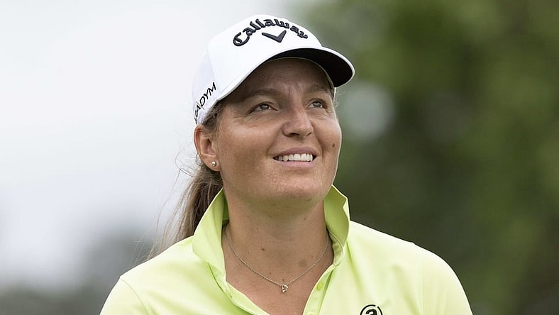 Apr 20, 2023; The Woodlands, Texas, USA; Perrine Delacour (FRA) reacts after hitting off the fourth tee during the first round of The Chevron Championship golf tournament. Mandatory Credit: Thomas Shea-USA TODAY Sports