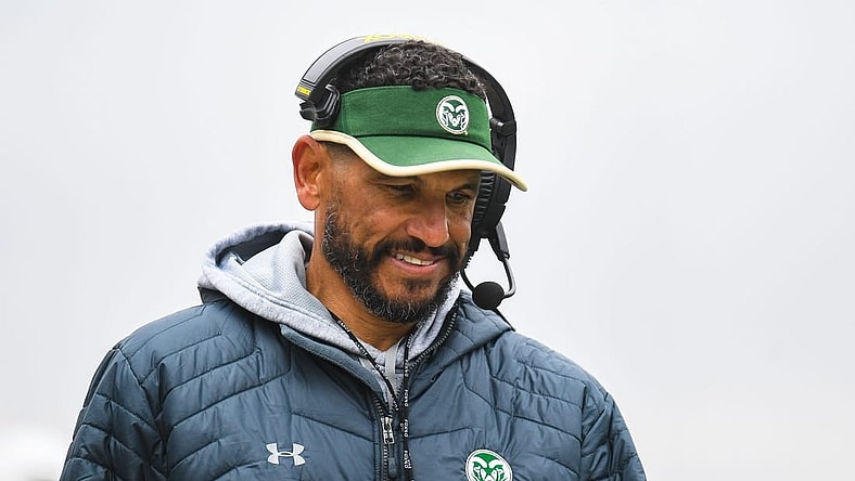 Colorado State head coach Jay Norvell roams the sideline during the green and gold spring game on Saturday, April 22, 2023, at Canvas Stadium in Fort Collins.