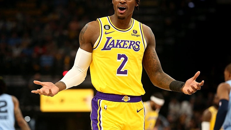 Apr 26, 2023; Memphis, Tennessee, USA; Los Angeles Lakers forward Jarred Vanderbilt (2) reacts during the first half against the Memphis Grizzlies during game five of the 2023 NBA playoffs at FedExForum. Mandatory Credit: Petre Thomas-USA TODAY Sports