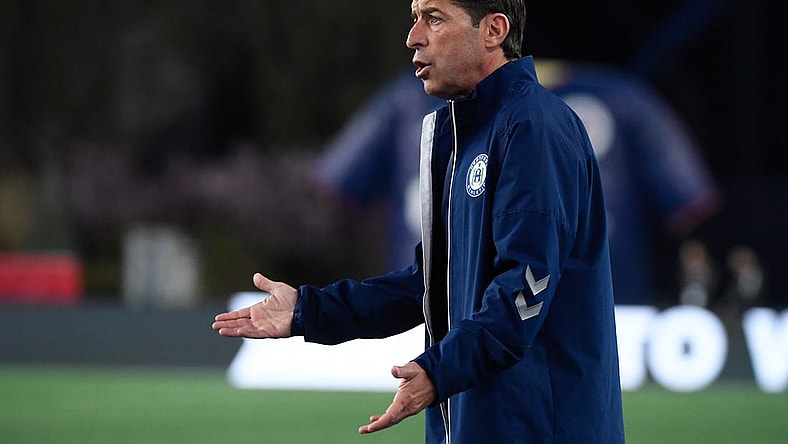 Apr 25, 2023; Foxborough, MA, USA; Hartford Athletic head coach Tab Ramos reacts to game action during the first half against the New England Revolution at Gillette Stadium. Mandatory Credit: Eric Canha-USA TODAY Sports
