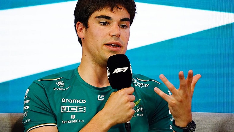 May 4, 2023; Miami Gardens, Florida, USA;  Aston Martin driver Lance Stroll (18) of Canada talks with the media during a breakout media session at Miami International Autodrome. Mandatory Credit: John David Mercer-USA TODAY Sports