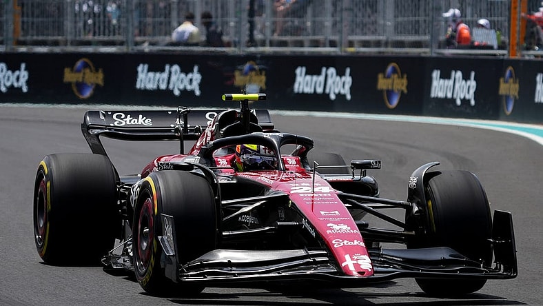 May 5, 2023; Miami Gardens, Florida, USA;  Alfa Romeo driver Zhou Guanyu (24) of China during practice at Miami International Autodrome. Mandatory Credit: Jasen Vinlove-USA TODAY Sports