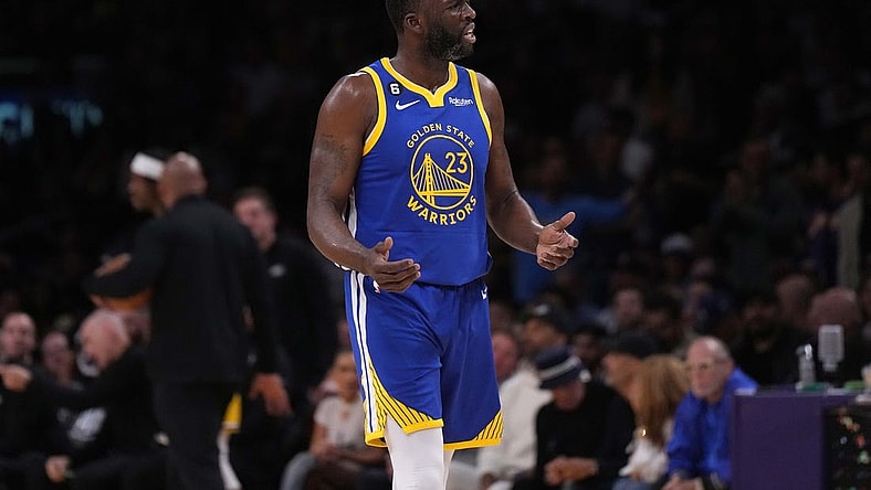May 8, 2023; Los Angeles, California, USA; Golden State Warriors forward Draymond Green (23) reacts in the second half of game four of the 2023 NBA playoffs against the Los Angeles Lakers at Crypto.com Arena. Mandatory Credit: Kirby Lee-USA TODAY Sports