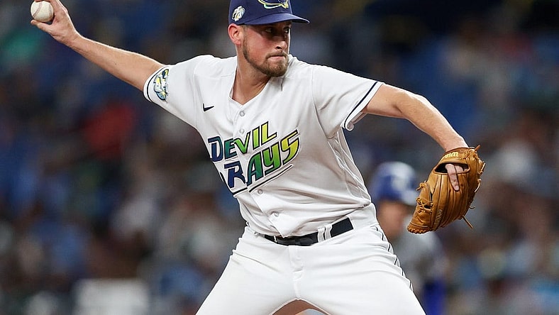 May 26, 2023; St. Petersburg, Florida, USA;  Tampa Bay Rays relief pitcher Cooper Criswell (71) throws a pitch against the Los Angeles Dodgers in the third inning at Tropicana Field. Mandatory Credit: Nathan Ray Seebeck-USA TODAY Sports