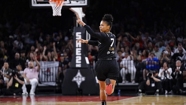 May 28, 2023; Las Vegas, Nevada, USA; Las Vegas Aces forward Alysha Clark (7) celebrates after scoring against the Minnesota Lynx during the third quarter at Michelob Ultra Arena. Mandatory Credit: Lucas Peltier-USA TODAY Sports