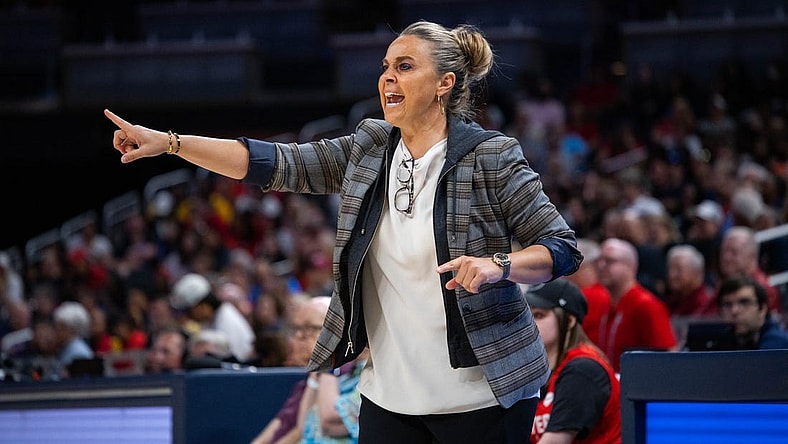 Jun 4, 2023; Indianapolis, Indiana, USA; Las Vegas Aces head coach Becky Hammon in the second half against the Indiana Fever at Gainbridge Fieldhouse. Mandatory Credit: Trevor Ruszkowski-USA TODAY Sports