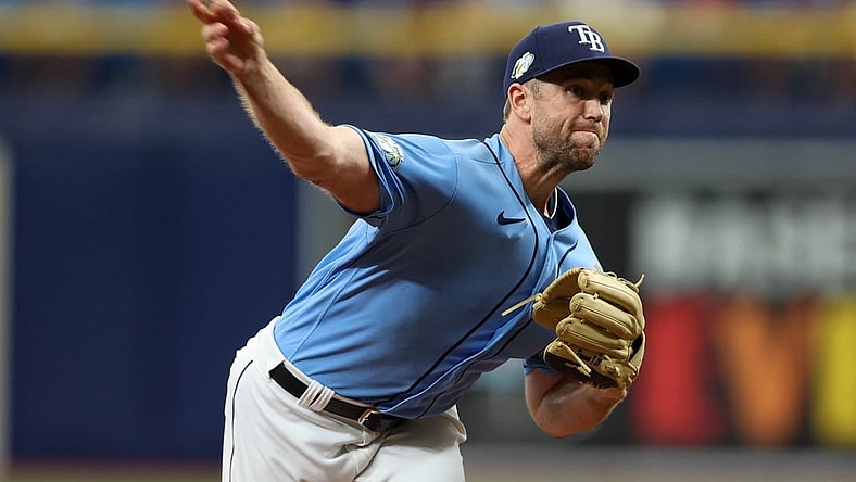 Jun 11, 2023; St. Petersburg, Florida, USA;  Tampa Bay Rays relief pitcher Jason Adam (47) throws a pitch against the Texas Rangers in the ninth inning at Tropicana Field. Mandatory Credit: Nathan Ray Seebeck-USA TODAY Sports