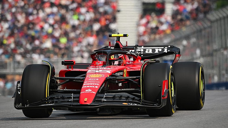Jun 16, 2023; Montreal, Quebec, CAN; Ferrari driver Carlos Sainz of Spain  during the second practice session at the Canadian Grand Prix at Circuit Gilles Villeneuve. Mandatory Credit: David Kirouac-USA TODAY Sports
