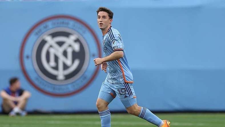 Jun 17, 2023; New York, New York, USA; New York City FC forward Gabriel Segal (19) in action against the Columbus Crew during the second half at Yankee Stadium. Mandatory Credit: Vincent Carchietta-USA TODAY Sports