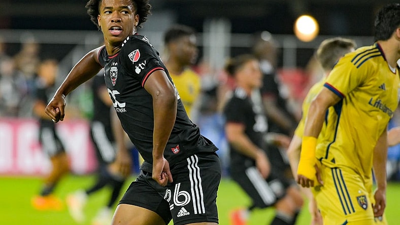 Jun 17, 2023; Washington, District of Columbia, USA; D.C. United forward Kristian Fletcher (26) reacts after a whistle during the second half against the Real Salt Lake at Audi Field. Real Salt Lake defeaterdf D.C. United 2-1.Mandatory Credit: Tommy Gilligan-USA TODAY Sports