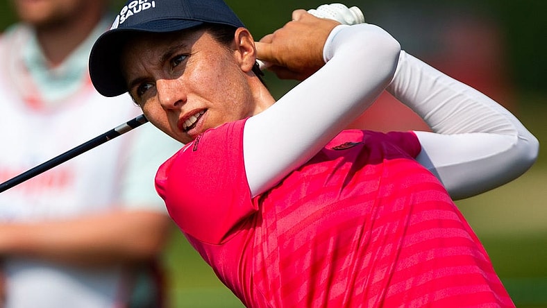 Carlota Ciganda tees off from hole two Sunday, June 18, 2023, at Blythefield Country Club in Belmont, MI.