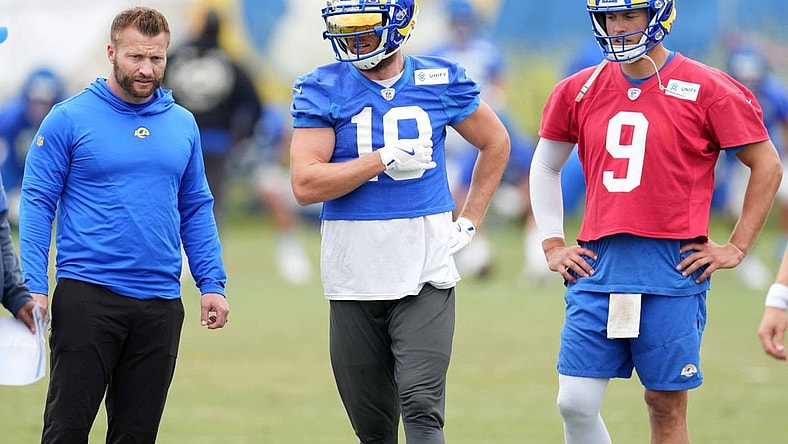 Jun 14, 2023; Thousand Oaks, CA, USA; Los Angeles Rams coach Sean McVay (left), receiver Cooper Kupp (10) and quarterback Matthew Stafford (9) during minicamp at Cal Lutheran University. Mandatory Credit: Kirby Lee-USA TODAY Sports