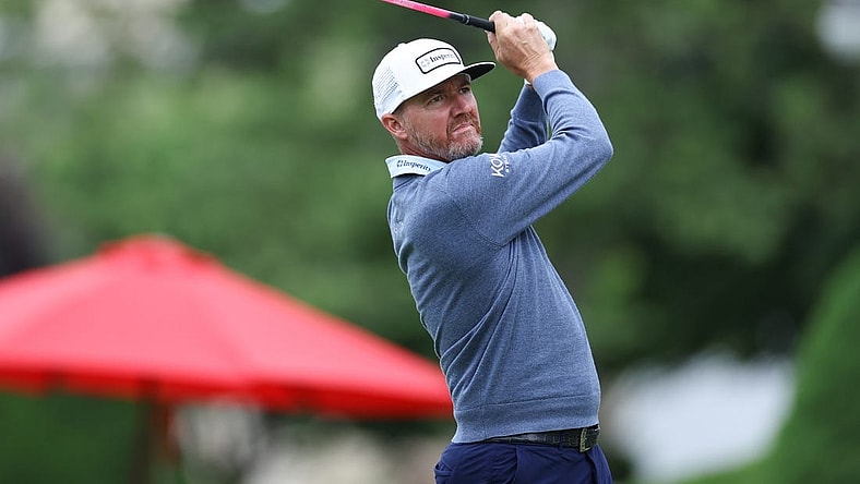 Jun 22, 2023; Cromwell, Connecticut, USA; Jimmy Walker plays his shot from the sixth tee during the first round of the Travelers Championship golf tournament. Mandatory Credit: Vincent Carchietta-USA TODAY Sports