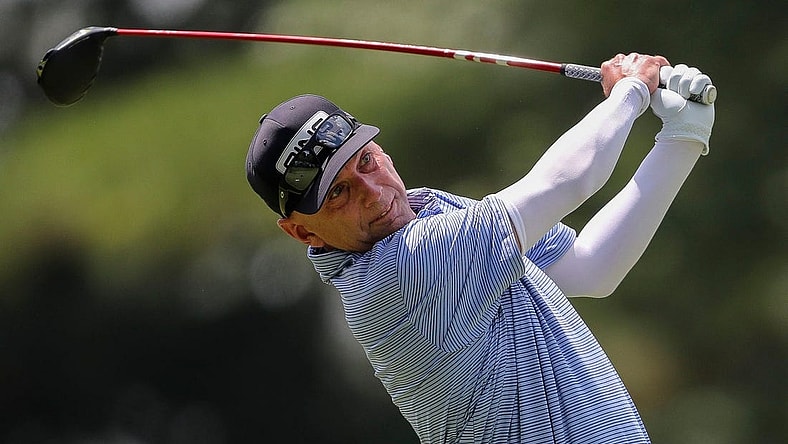 Kevin Sutherland holds his follow-through after hitting his tee shot on the 10th hole during the second round for the 2023 U.S. Senior Open on Friday, June 30, 2023, at SentryWorld in Stevens Point, Wis. Tork Mason/USA TODAY NETWORK-Wisconsin