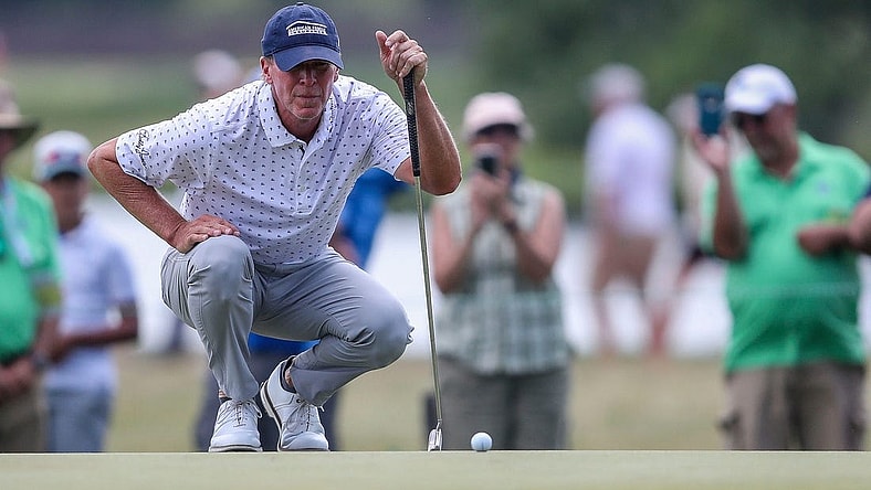 Steve Stricker reads a putt on the 11th green during the final round of the 2023 U.S. Senior Open on Sunday, July 2, 2023, at SentryWorld in Stevens Point, Wis. Stricker finished the tournament in 2nd place at 5-under par.Tork Mason/USA TODAY NETWORK-Wisconsin