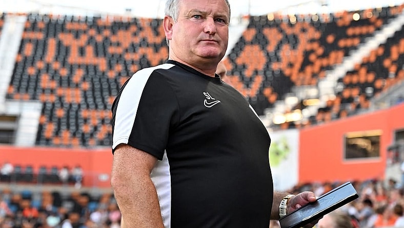 Jul 7, 2023; Houston, Texas, USA; Houston Dash head coach Sam Laity looks on before the game against the Chicago Red Stars at Shell Energy Stadium. Mandatory Credit: Maria Lysaker-USA TODAY Sports