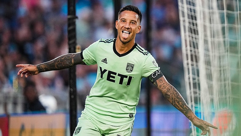 Jul 8, 2023; Saint Paul, Minnesota, USA; Austin FC forward Sebastian Driussi (10) celebrates his goal during the second half against Minnesota United at Allianz Field. Mandatory Credit: Brace Hemmelgarn-USA TODAY Sports