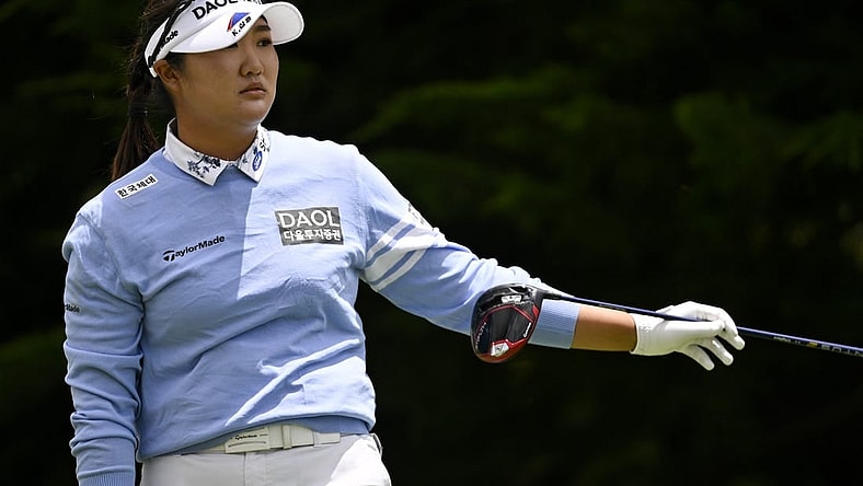 Jul 9, 2023; Pebble Beach, California, USA; Hae Ran Ryu signals after teeing off on the third hole during the final round of the U.S. Women's Open golf tournament at Pebble Beach Golf Links. Mandatory Credit: Kelvin Kuo-USA TODAY Sports